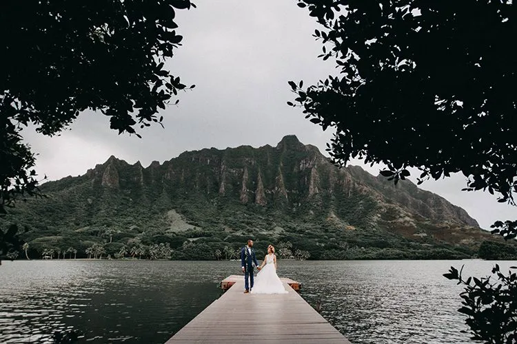 Wedding Photo on Boat Dock at Kualoa Ranch
